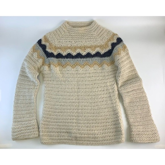 J Crew Knit By Hand Alpaca Wool Sweater Bell Sleeve Chevron Stripe Vintage Large - Picture 2 of 12
